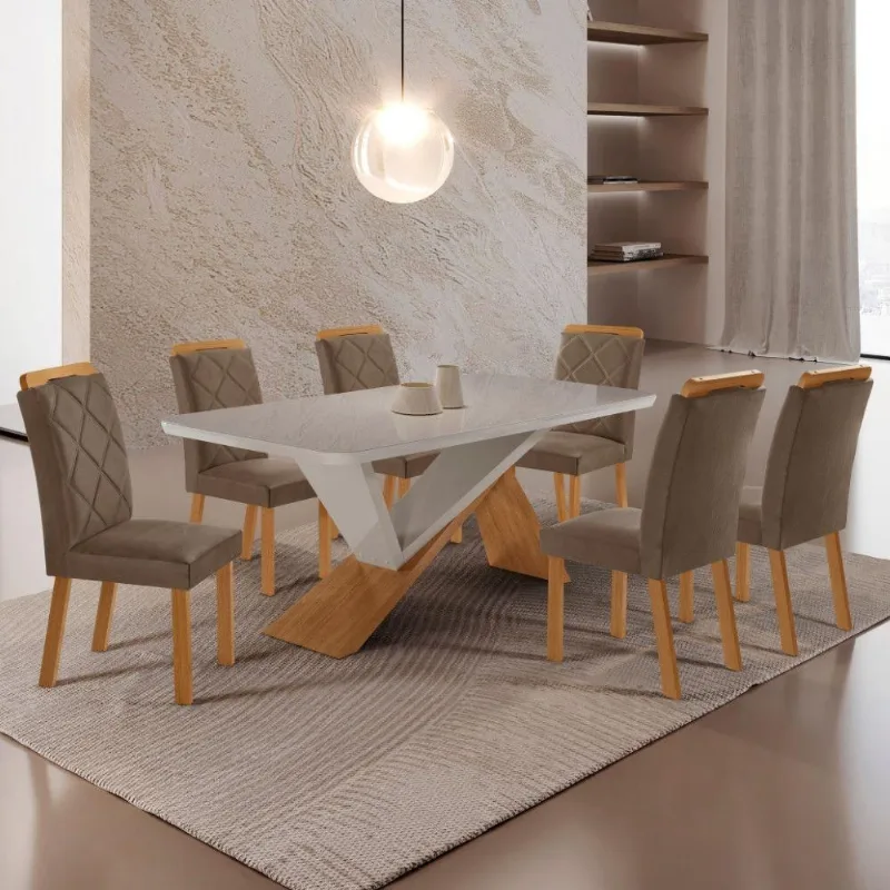 Mesa De Jantar Yasmin 180 Tampo Com Vidro 6 Cadeiras Melissa Veludo Capuccino/nat/off/serig. Off - Moderna
