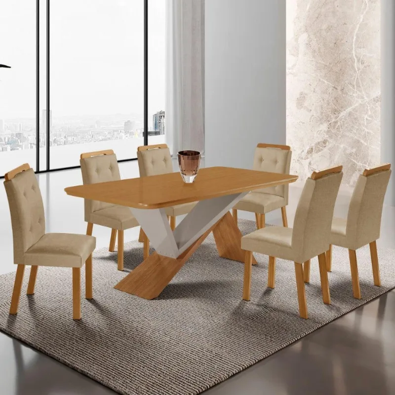 Mesa De Jantar Yasmin 180cm Tampo Mdf Com 6 Cadeiras Carol Turim 07/naturale /off White - Moderna