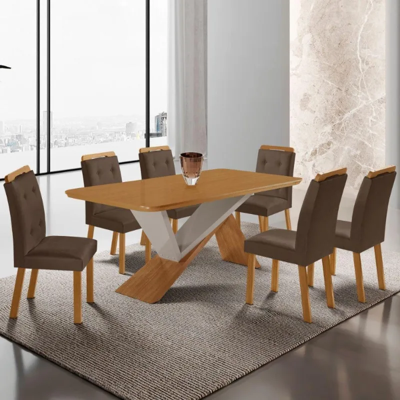 Mesa De Jantar Yasmin 180cm Tampo Mdf Com 6 Cadeiras Carol Veludo Marrom/naturale/off White - Moderna