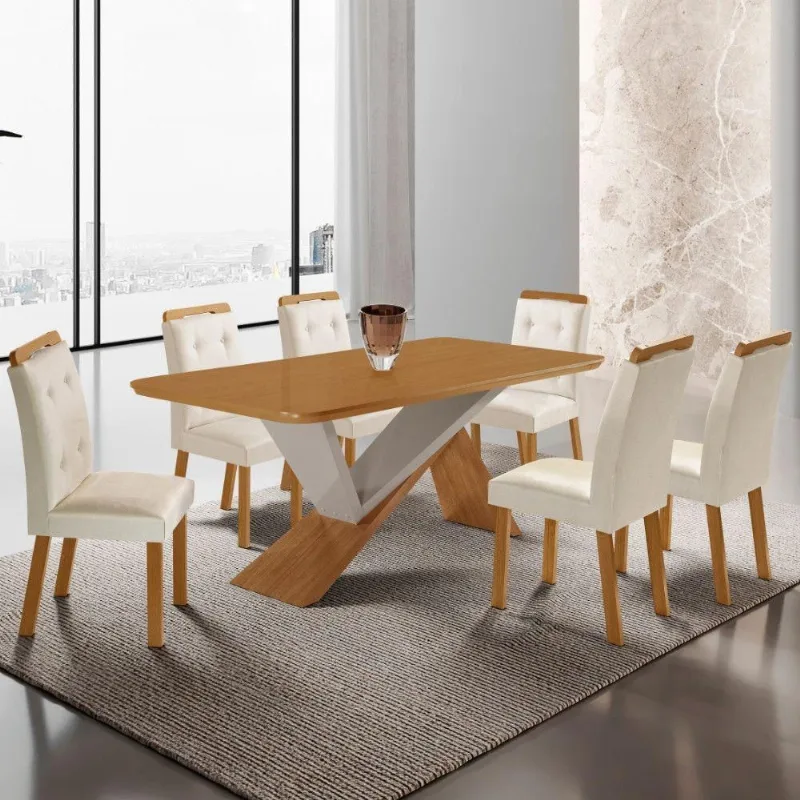 Mesa De Jantar Yasmin 180cm Tampo Mdf Com 6 Cadeiras Carol Veludo Creme/naturale/off White - Moderna