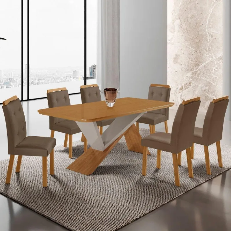 Mesa De Jantar Yasmin 180cm Tampo Mdf Com 6 Cadeiras Carol Veludo Capuccino/naturale/off White - Moderna