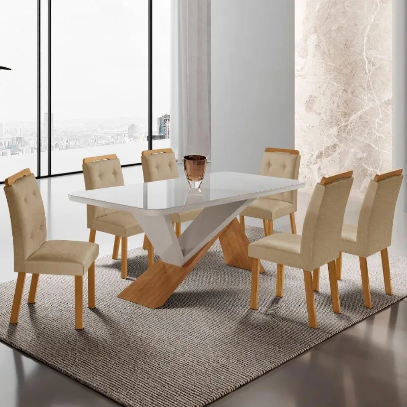 Mesa De Jantar Yasmin 180cm Tampo Com Vidro 6 Cadeiras Carol Turim 07/nat/off/serig. Off - Moderna