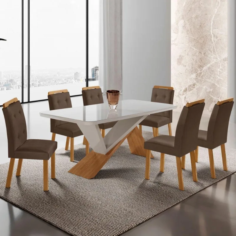 Mesa De Jantar Yasmin 180cm Tampo Com Vidro 6 Cadeiras Carol Veludo Marrom/nat/off/serig. Off - Moderna