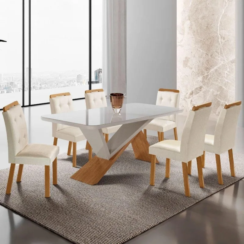 Mesa De Jantar Yasmin 180cm Tampo Com Vidro 6 Cadeiras Carol Veludo Creme /nat/off/serig. Off - Moderna