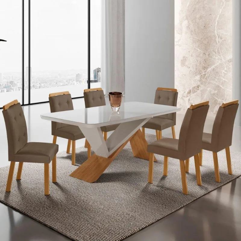Mesa De Jantar Yasmin 180cm Tampo Com Vidro 6 Cadeiras Carol Veludo Capuccino/nat/off/serig. Off - Moderna