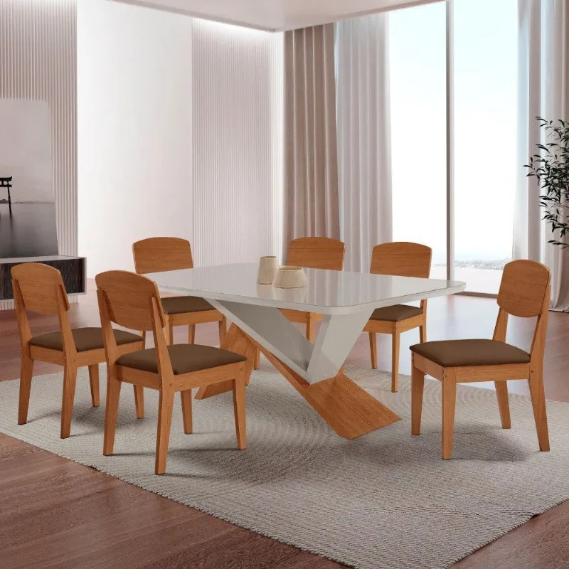 Mesa De Jantar Yasmin Tampo Vidro Canto Copo Com 6 Cadeiras Vel Marrom /off /naturale /serig Off - Moderna