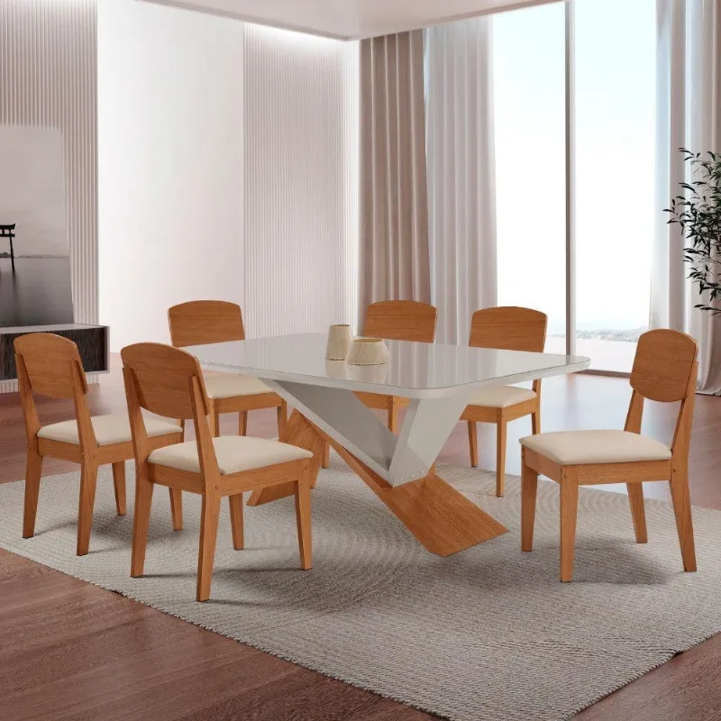 Mesa De Jantar Yasmin Tampo Vidro Canto Copo Com 6 Cadeiras Veludo Creme /nat/off/serig. Off - Moderna