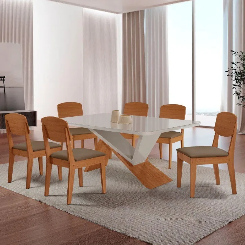Mesa De Jantar Yasmin Tampo Vidro Canto Copo Com 6 Cadeiras Veludo Capuccino/nat/off/serig. Off - Moderna