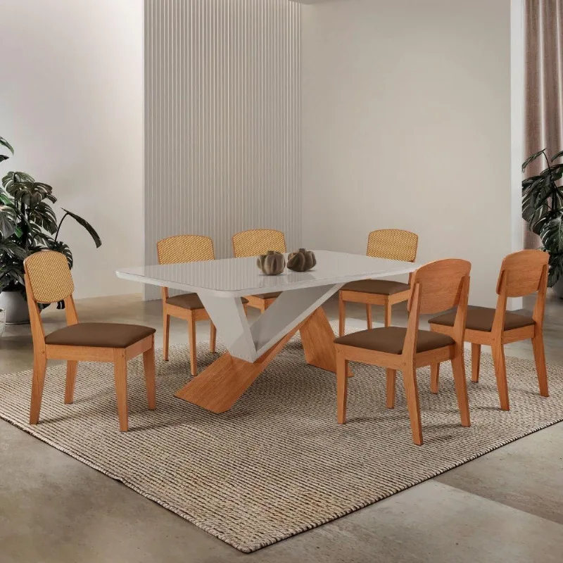 Mesa De Jantar Yasmin Tampo Vidro Canto Copo Com 6 Cadeiras Veludo Marrom/nat/off/serig. Off - Moderna