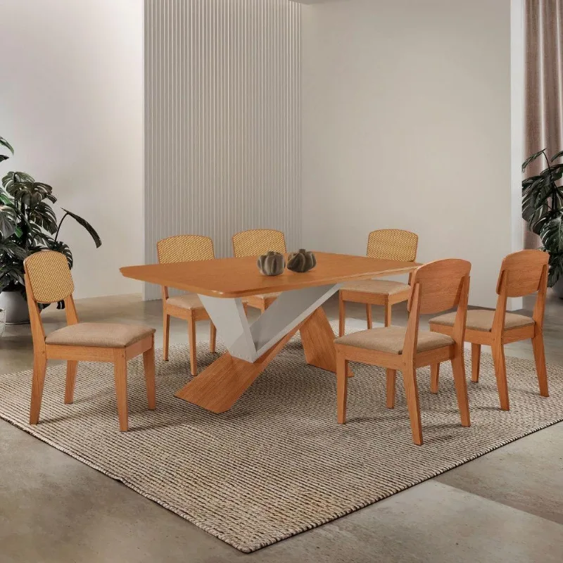 Mesa De Jantar Yasmin Tampo Laminado Canto Copo E 6 Cadeiras Turim 07/naturale /off White - Moderna
