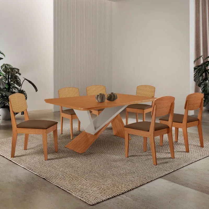 Mesa De Jantar Yasmin Tampo Laminado Canto Copo E 6 Cadeiras Veludo Marrom/naturalle/off White - Moderna