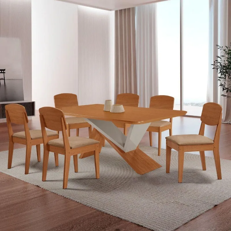 Mesa De Jantar Yasmin Tampo Laminado Canto Copo E 6 Cadeiras Turim 07/naturale /off White - Moderna