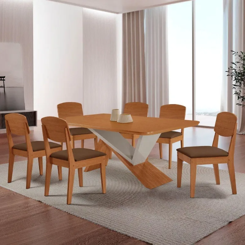Mesa De Jantar Yasmin Tampo Laminado Canto Copo E 6 Cadeiras Veludo Marrom/naturale/off White - Moderna