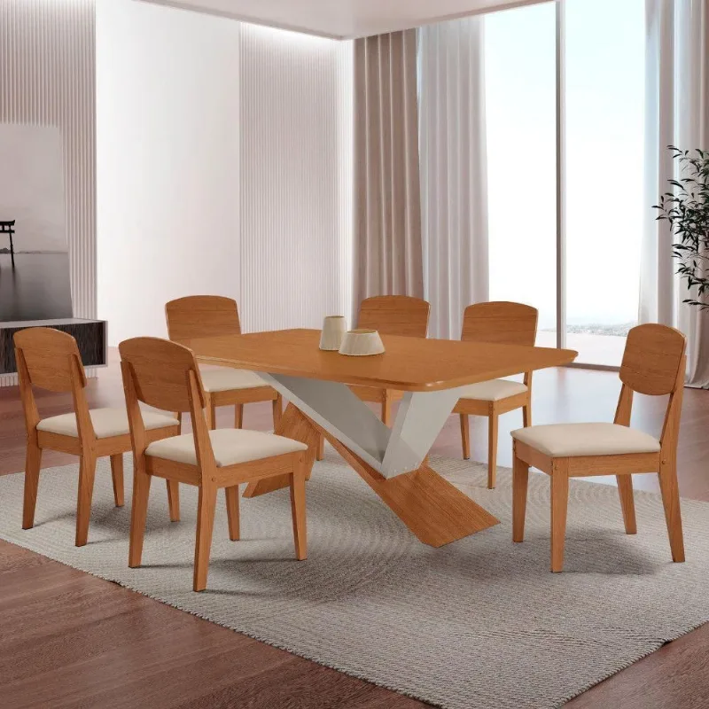 Mesa De Jantar Yasmin Tampo Laminado Canto Copo E 6 Cadeiras Veludo Creme/naturale/off White - Moderna