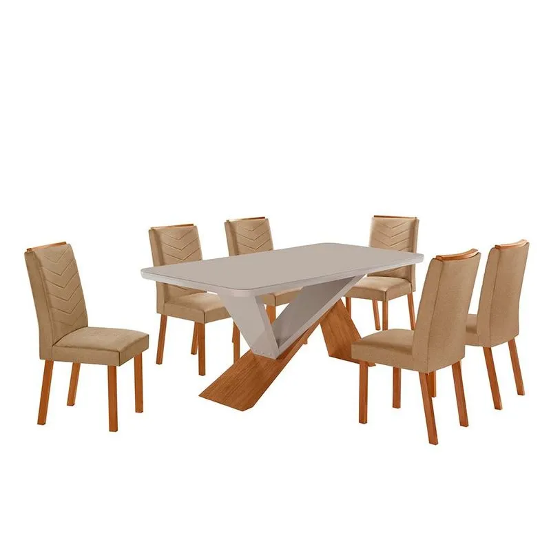 Conjunto de Mesa Retangular com Tampo de Vidro Off White Ayla e 6 Cadeiras Turquesa Linho Bege e Amadeirado 180 cm