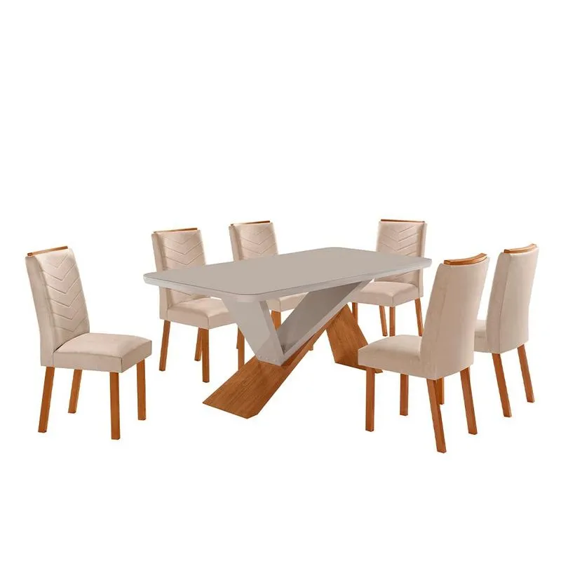 Conjunto de Mesa Retangular com Tampo de Vidro Off White Ayla e 6 Cadeiras Turquesa Veludo Creme e Amadeirado 180 cm