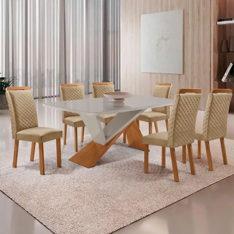 Mesa Jantar Yasmin 6 Lugares Vidro com Cadeiras Lorena Off White 180CM Moderna - Moderna
