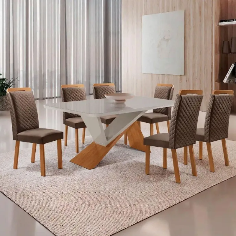 Mesa Jantar Yasmin 6 Lugares Vidro Cadeiras Lorena Veludo Off White 180CM Moderna - Moderna