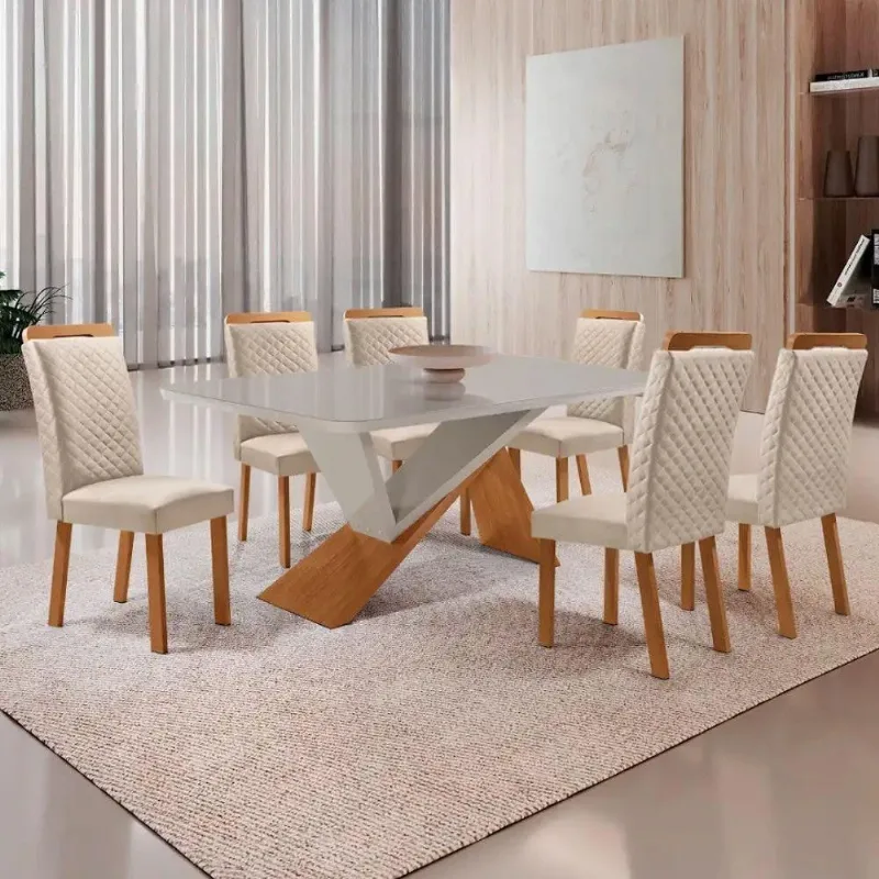 Mesa Yasmin 6 Lugares Vidro com Cadeiras Lorena Veludo Off White 180CM Moderna - Moderna