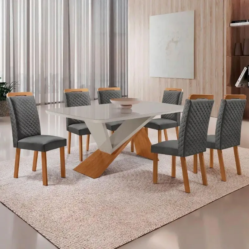 Mesa Jantar Yasmin 6 Lugares Vidro Serigrafado Cadeiras Lorena Linho Off White Moderna - Moderna
