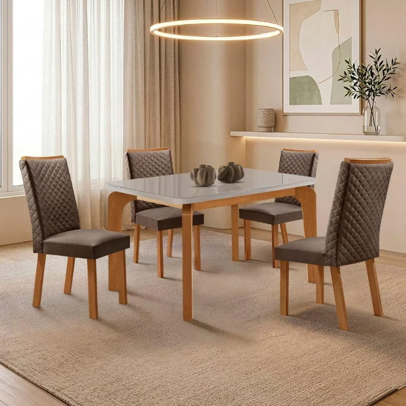 Mesa de Jantar Liz Lira 4 Lugares Tampo Mdf com Vidro e Cadeiras Veludo Marrom 120cm Moderna