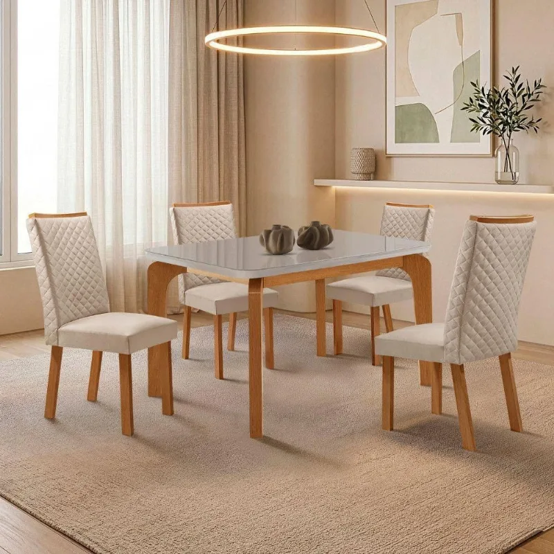 Mesa de Jantar Liz 4 Lugares Tampo Mdf com Vidro e Cadeiras Veludo Creme 120cm Moderna