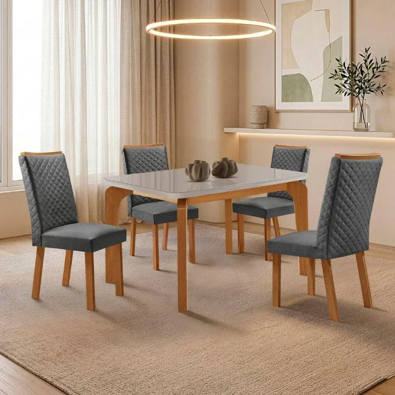 Mesa de Jantar Liz 4 Lugares Tampo Mdf com Vidro e Cadeiras Lira Linho Grafite Nat Off Moderna