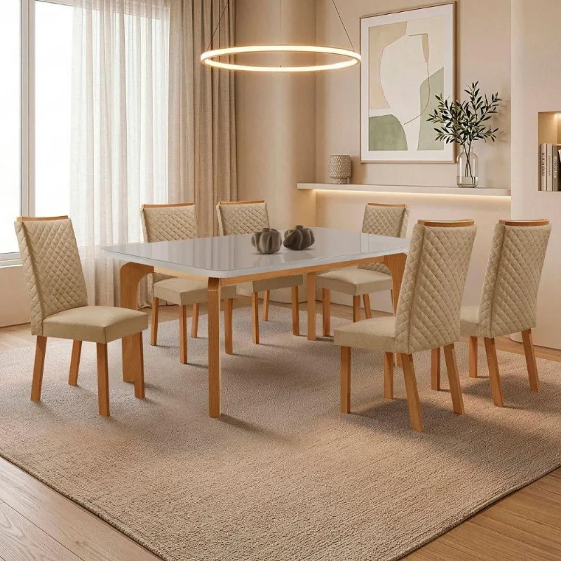 Mesa de Jantar Liz 6 Cadeiras Lira Tampo Mdf com Vidro Canto - Moderna