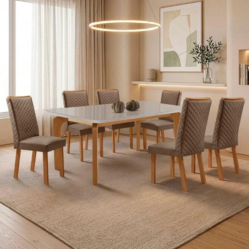 Mesa de Jantar Liz 6 Cadeiras Lira 6 Lugares Tampo MDF Vidro - Moderna
