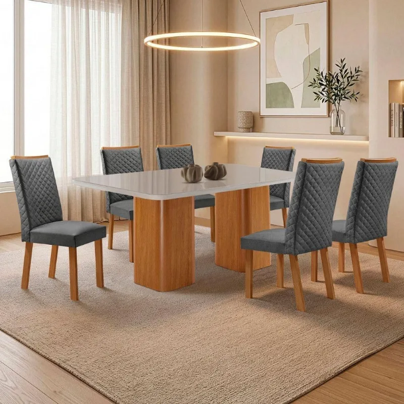 Mesa de Jantar Eloise com 6 Cadeiras Lira Tampo de Vidro - Moderna