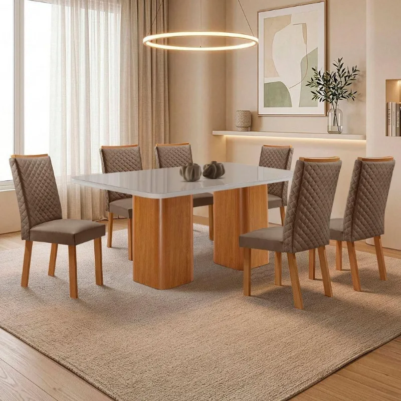 Mesa de Jantar Eloise C/ 6 Cadeiras Lira Tampo em MDF Vidro - Moderna
