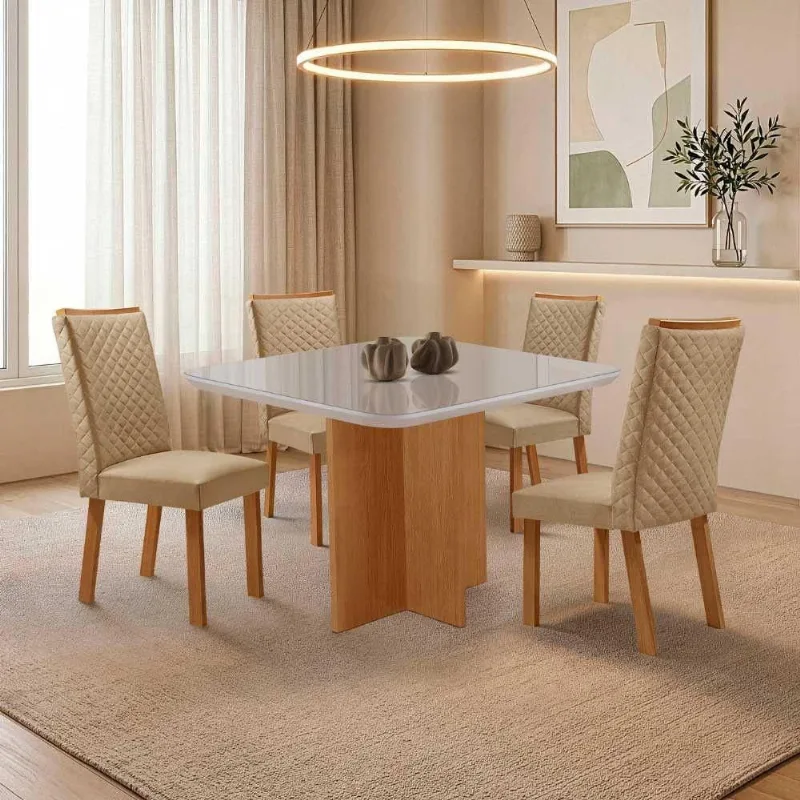 Mesa Jantar Olimpia Lira 4 Lugares MDF e Vidro Off White 90CM Moderna