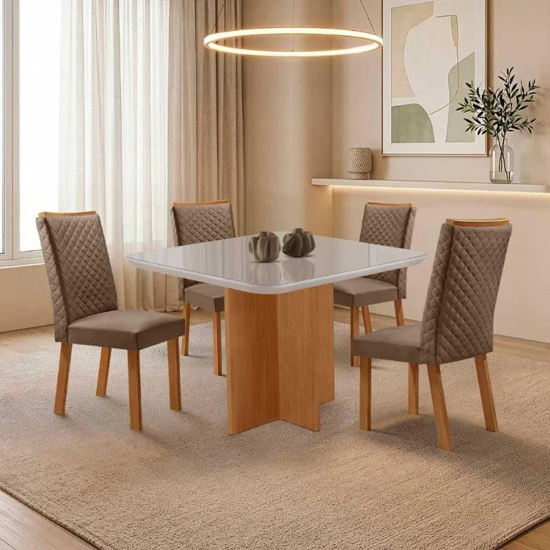 Mesa Jantar Olimpia 4 Lugares MDF e Vidro Cadeiras Lira Veludo Off White Moderna