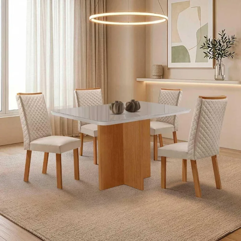 Mesa Olimpia 4 Lugares Tampo Vidro com Cadeiras Lira Veludo Off White Moderna - Moderna