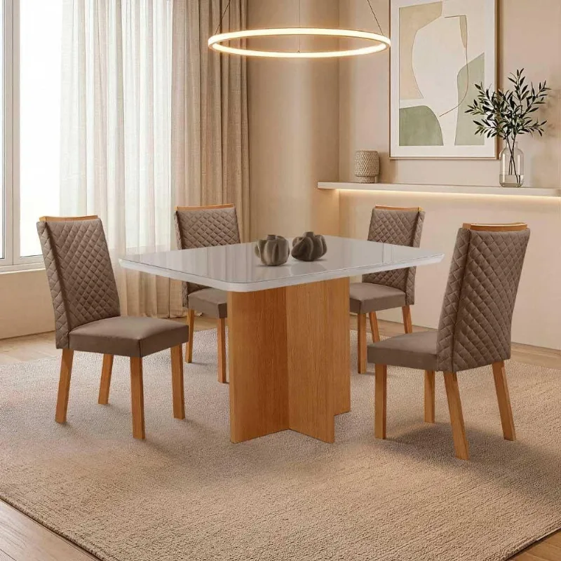 Mesa de Jantar Olimpia 4 Lugares MDF e Vidro com Cadeiras Lira Veludo Off White Moderna