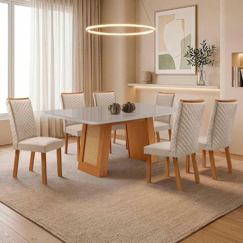 Mesa de Jantar Carolina 6 Lugares MDF e Vidro Off White 180CM Moderna - Moderna