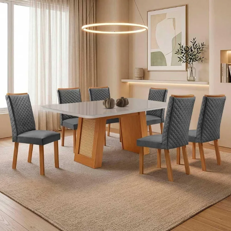 Mesa de Jantar Carolina 6 Lugares MDF e Vidro Off White 180CM Moderna - Moderna