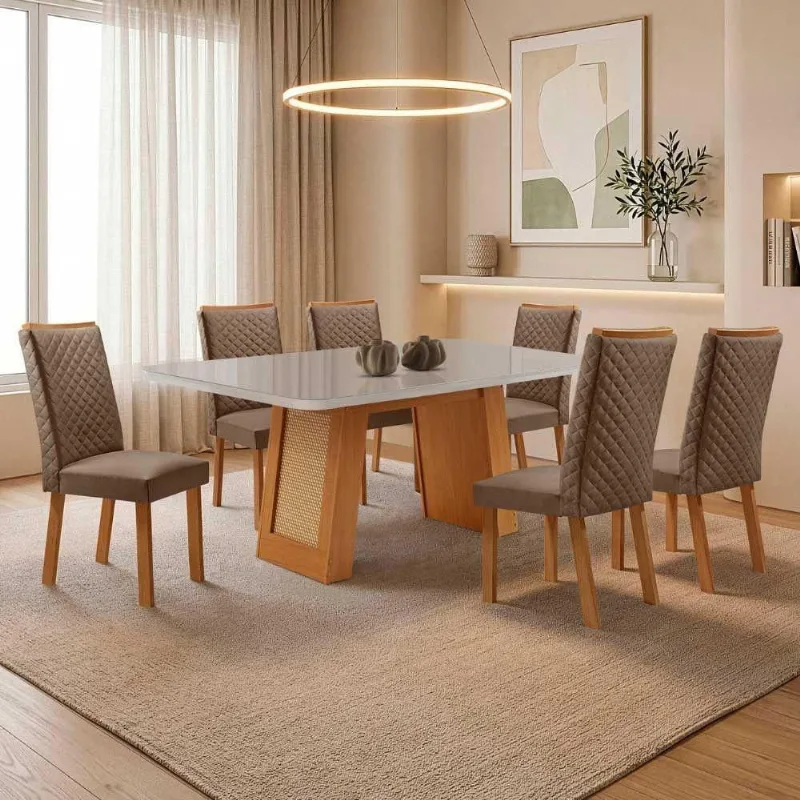Mesa de Jantar Carolina 6 Lugares MDF e Vidro Cadeiras Veludo Off White 180CM Moderna - Moderna