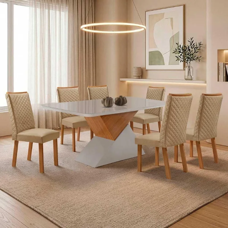 Mesa de Jantar Aster 6 Lugares MDF Vidro Serigrafado Off White 180CM Moderna - Moderna