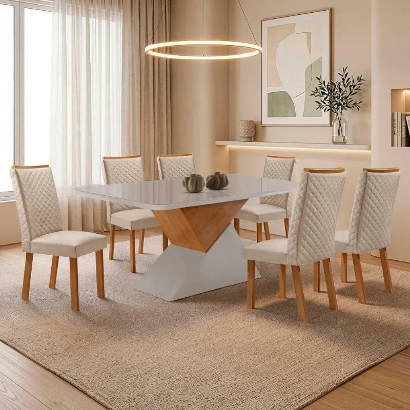 Mesa de Jantar Aster 6 Lugares MDF Vidro Cadeiras Lira Veludo Off White 180CM Moderna - Moderna