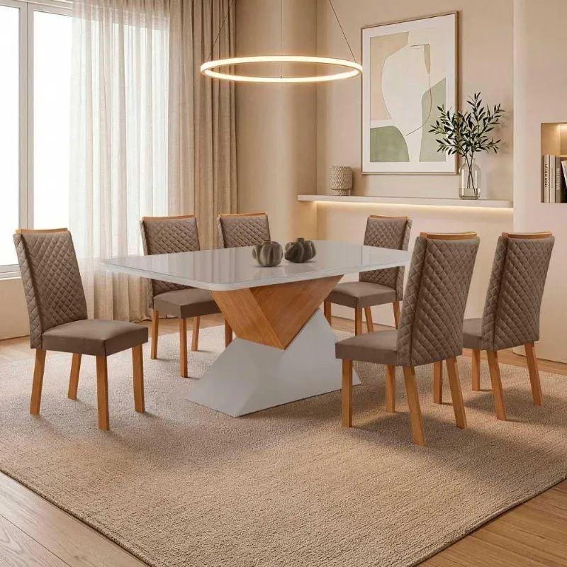 Mesa Aster 6 Lugares MDF Vidro Serigrafado Cadeiras Lira Veludo Off White Moderna - Moderna