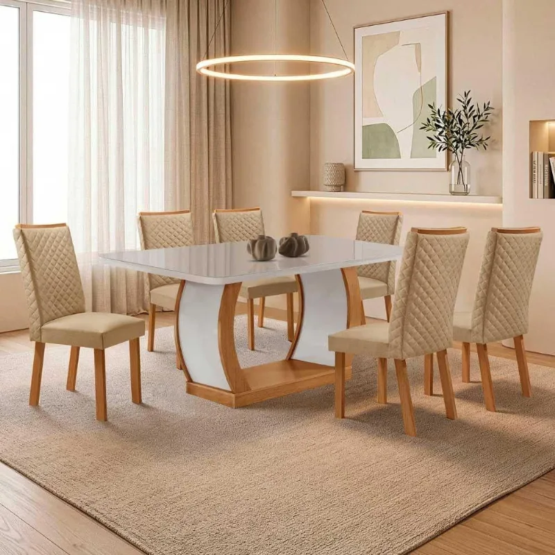 Mesa Milena 6 Lugares MDF com Cadeiras Lira Off White 180CM Moderna - Moderna