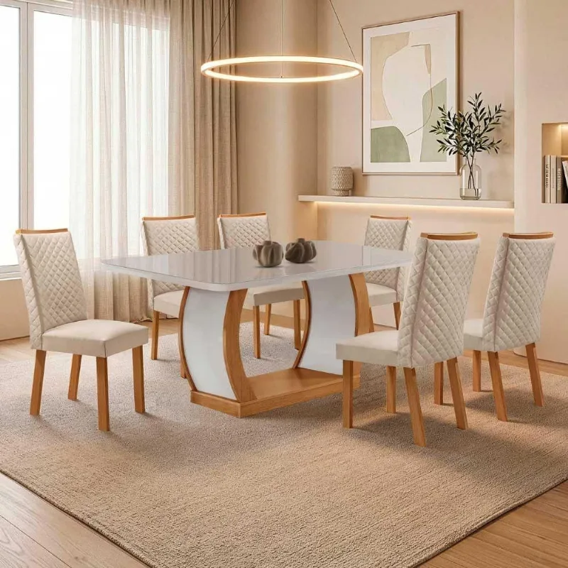 Mesa Milena 6 Lugares MDF Vidro Serigrafado Cadeiras Lira Veludo Off White Moderna - Moderna