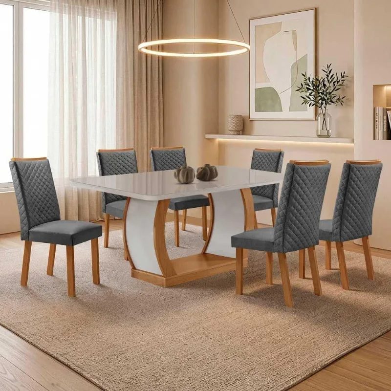 Mesa Milena 6 Lugares MDF Vidro Serigrafado Base em V com Cadeiras Lira Off White Moderna - Moderna