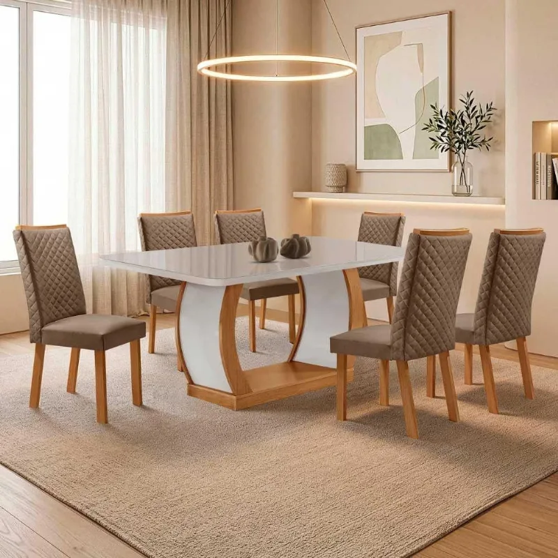 Mesa de Jantar Milena 6 Lugares MDF com Cadeiras Lira Veludo Off White 180CM Moderna - Moderna