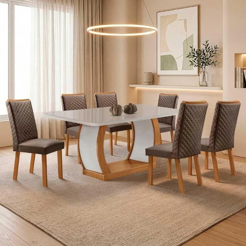 Mesa Milena 6 Lugares MDF Vidro Serigrafado Cadeiras Lira Veludo Off White Moderna - Moderna