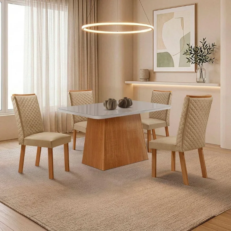 Mesa de Jantar Aida 4 Lugares MDF Serigrafado Off White 120CM Moderna