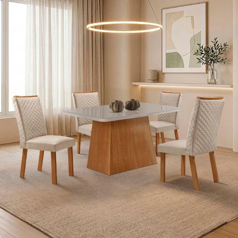 Mesa de Jantar Aida 4 Lugares MDF Serigrafado com Cadeiras Lira Veludo Off White Moderna