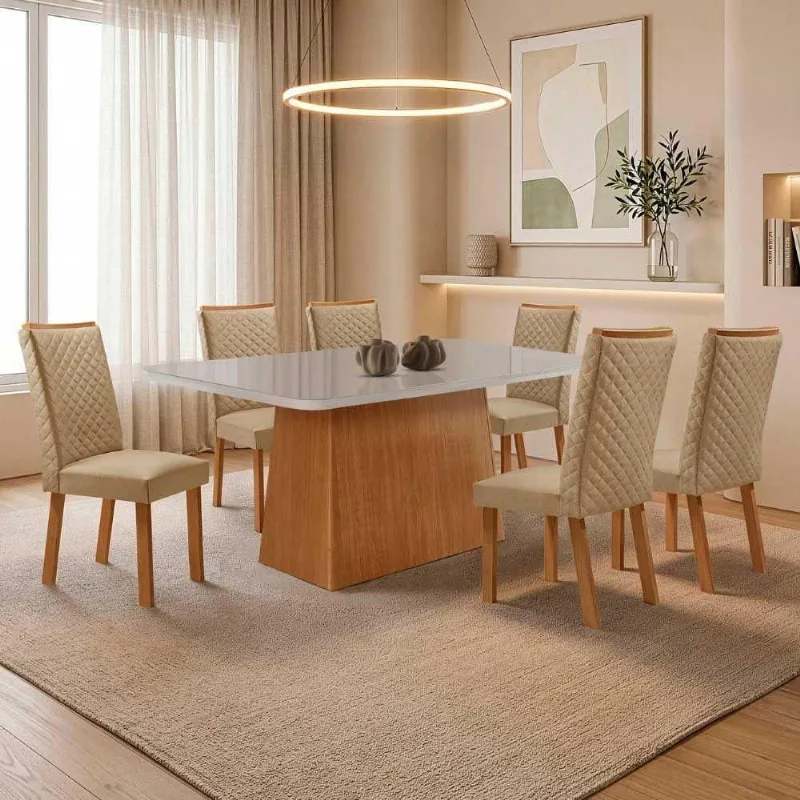 Mesa de Jantar Aida 6 Lugares MDF Vidro Serigrafado Off White 180CM Moderna - Moderna
