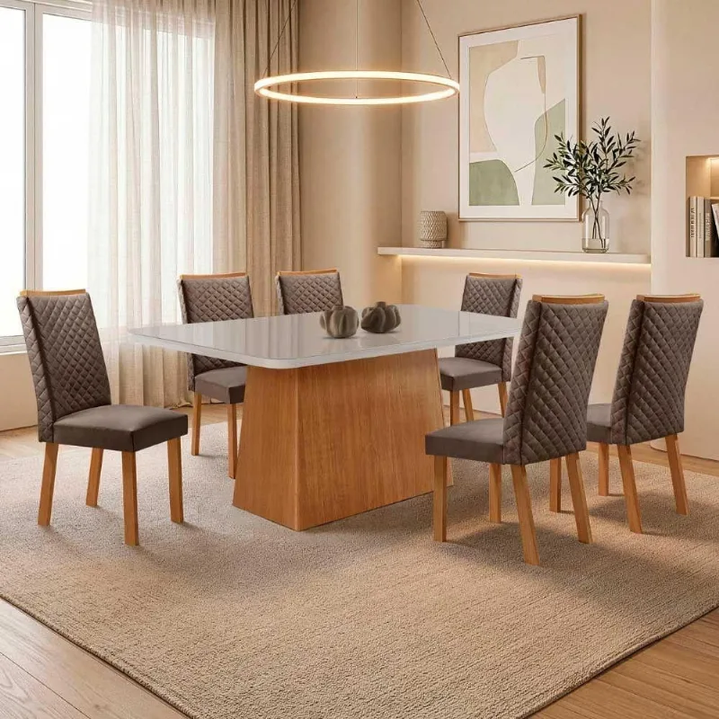 Mesa de Jantar Aida 6 Lugares MDF Vidro Serigrafado Off White 180CM Moderna - Moderna